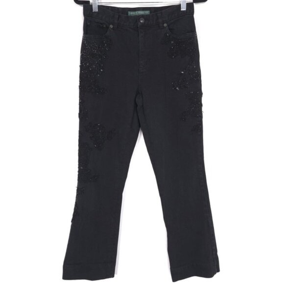 RALPH LAUREN Women's Jeans 4 Vintage HONG KONG MADE Black Beaded Floral - Picture 1 of 16